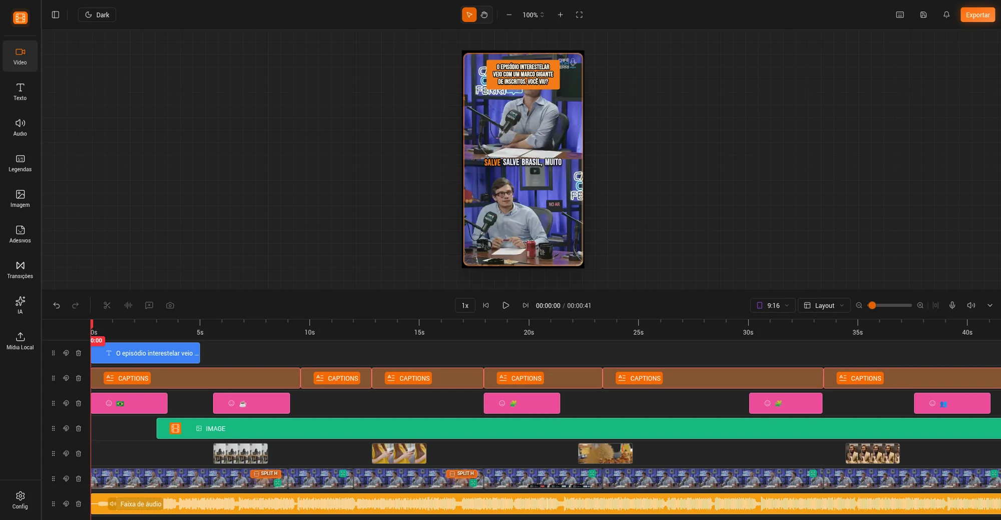 VDClip editor showing a podcast clip with animated captions, B-roll, and a multi-track timeline