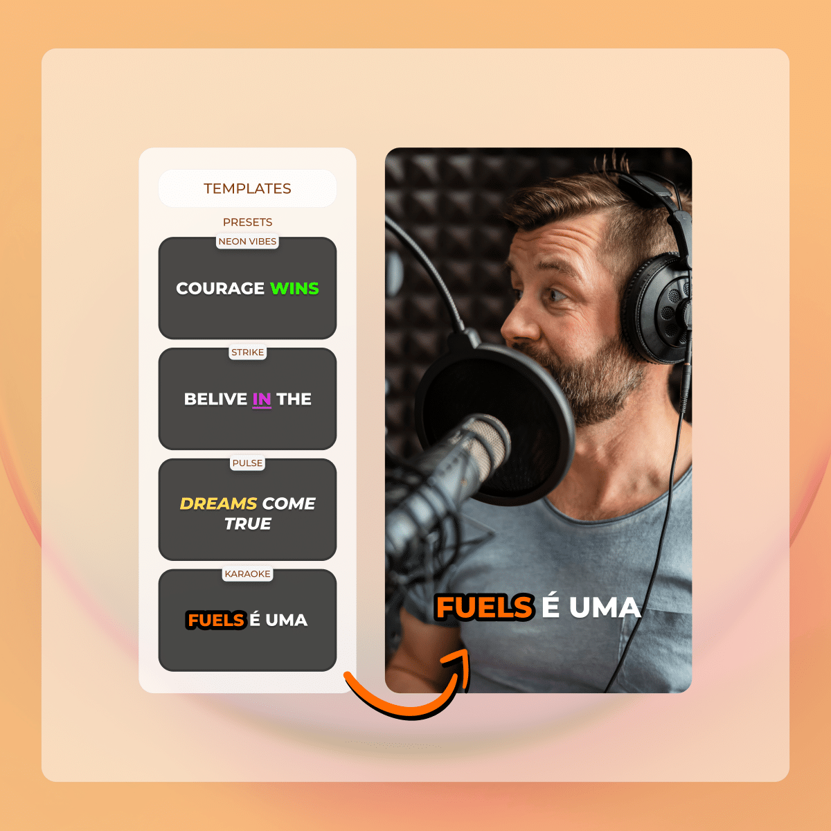 Interface do VDClip mostrando edição de template de mídia com legendas e ajustes ao lado