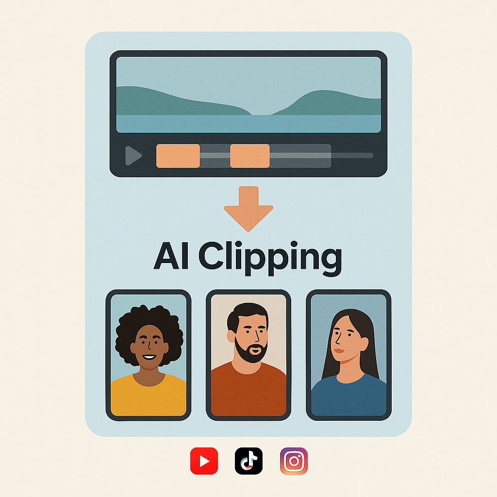Cortes de vídeo gerados por IA com VDClip, mostrando trechos curtos destacados automaticamente