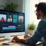 Criador de conteúdo editando vídeos com cortes automáticos para TikTok em computador moderno