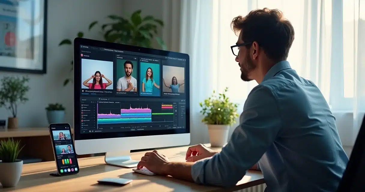 Criador de conteúdo editando vídeos com cortes automáticos para TikTok em computador moderno