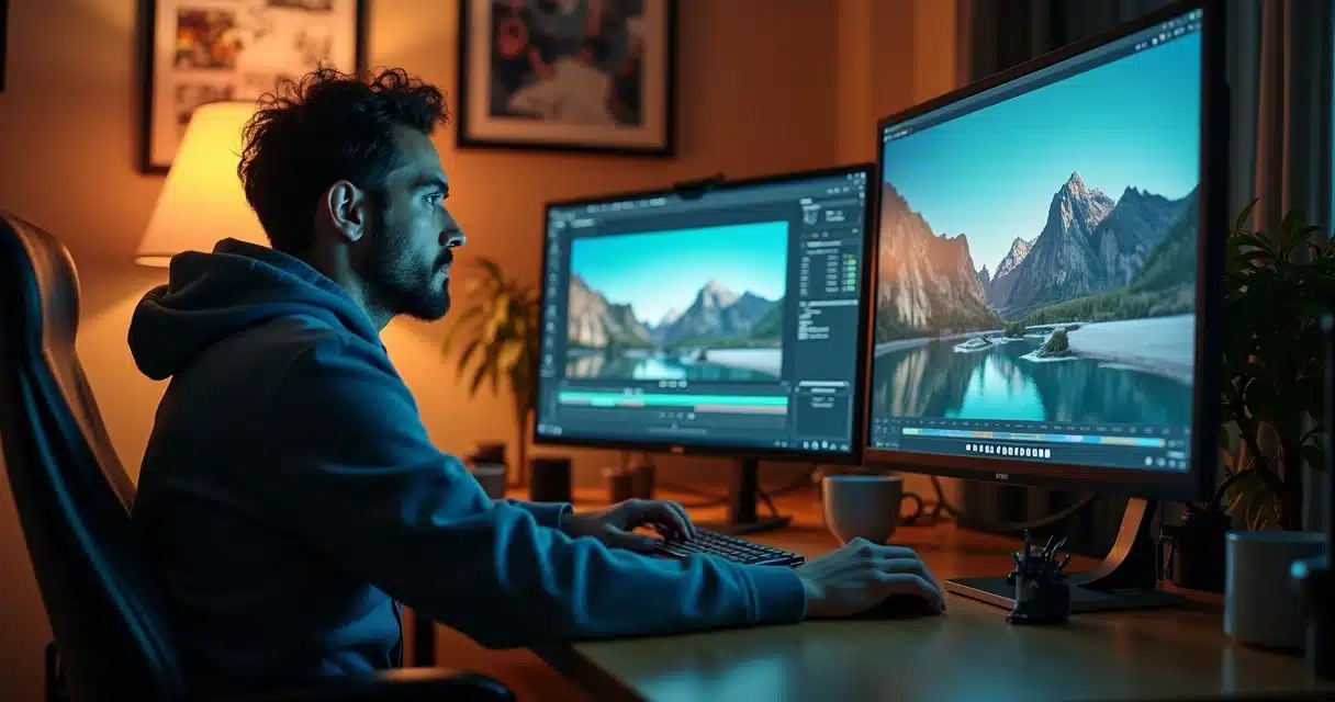 Pessoa editando vídeo no computador com vários erros visíveis na tela e ferramentas de edição ao redor