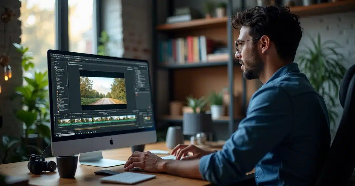 Pessoa usando computador para gerar cortes automáticos de vídeo e agendar postagens em várias redes sociais