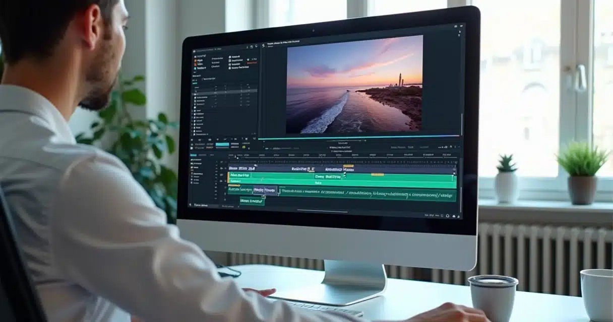 Tela de computador exibindo software de edição automática de vídeos com inteligência artificial, com cortes precisos e legendas automáticas visíveis