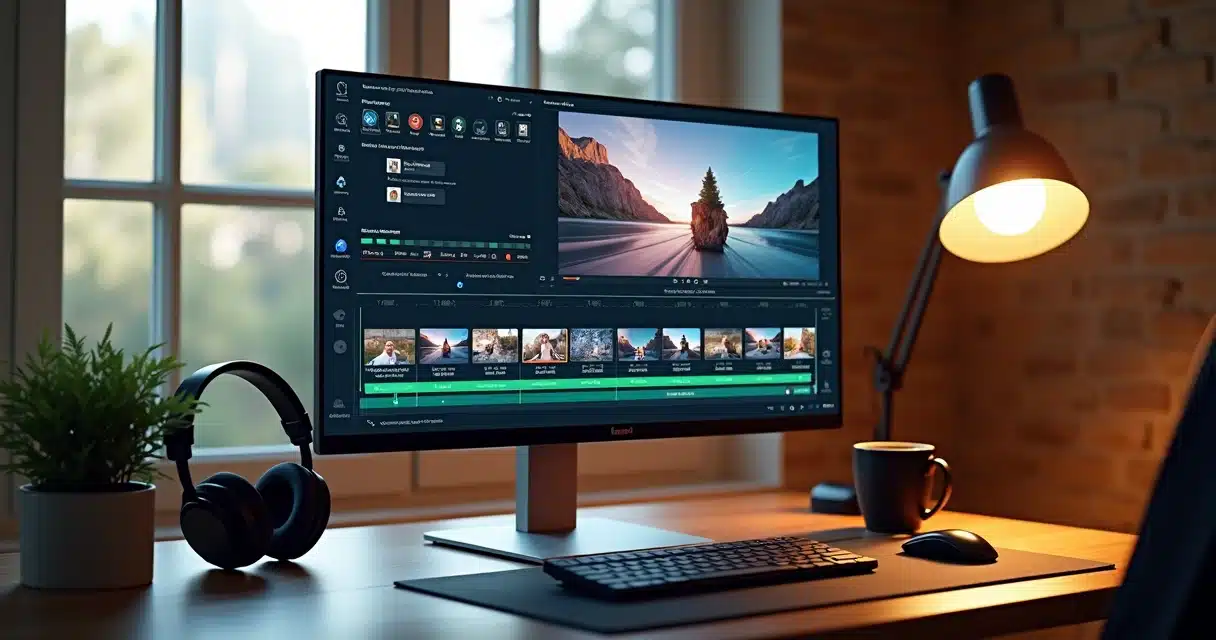 Tela de computador mostrando edição automatizada de um vídeo de live, com cortes destacados, legendas sincronizadas e gráficos de engajamento digital