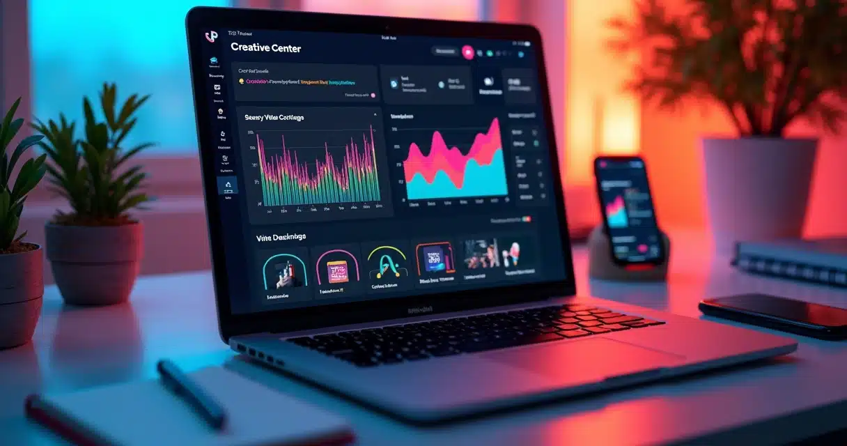 Painel do TikTok Creative Center mostrando gráficos de tendências, hashtags populares e músicas virais na tela de um notebook moderno