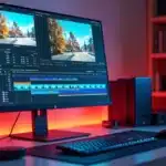 Computer screen showing video editing software with automatic subtitles being generated on a vibrant video timeline