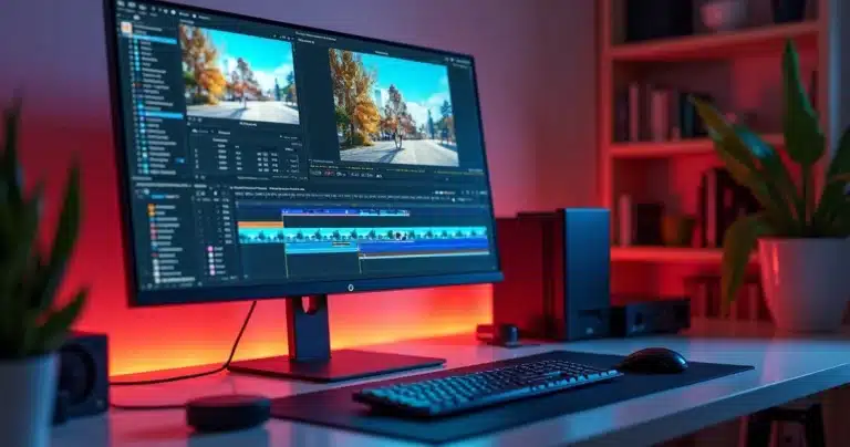 Computer screen showing video editing software with automatic subtitles being generated on a vibrant video timeline