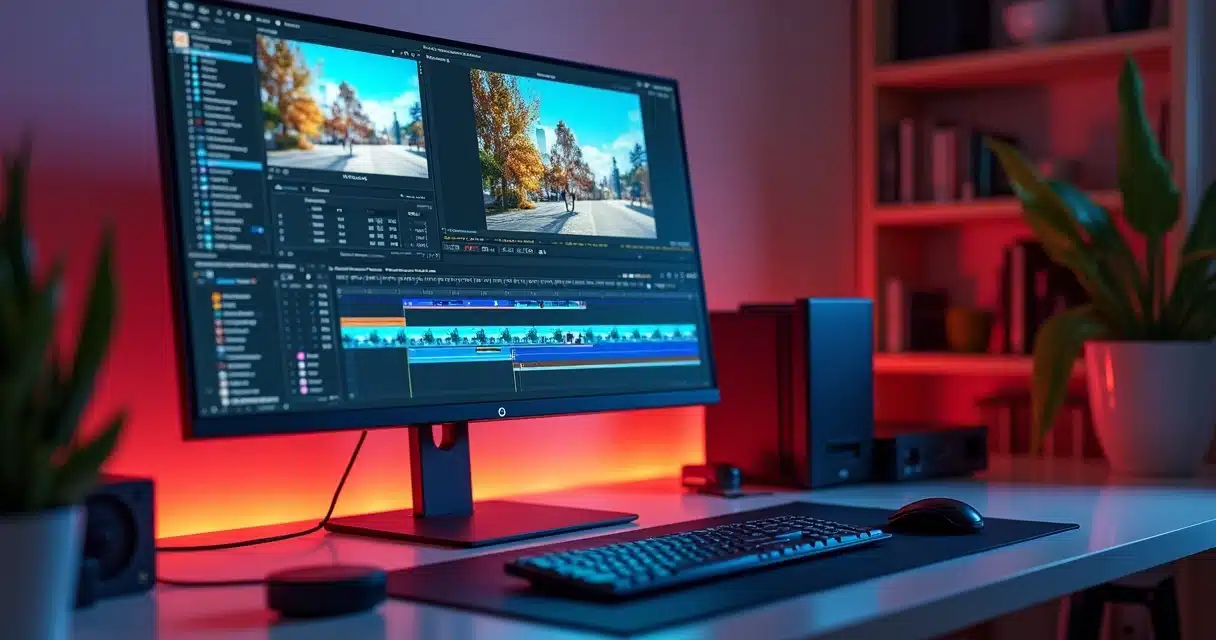 Computer screen showing video editing software with automatic subtitles being generated on a vibrant video timeline