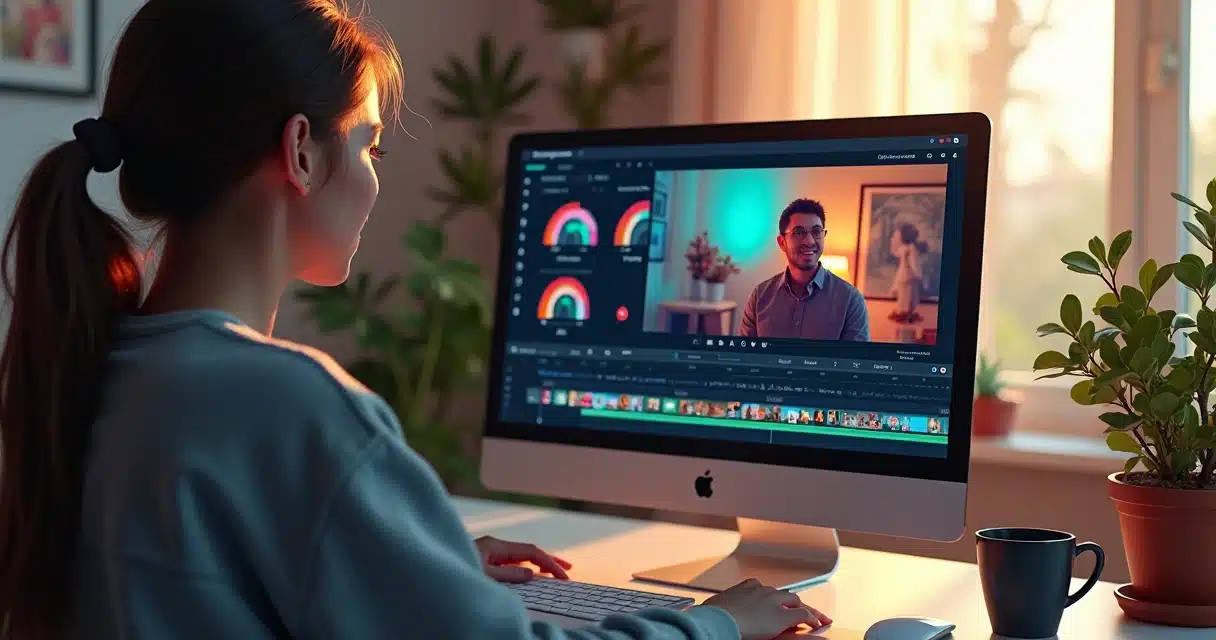 Pessoa usando plataforma de edição de vídeo com inteligência artificial na tela do computador, interface moderna com timeline e clipes curtos destacados