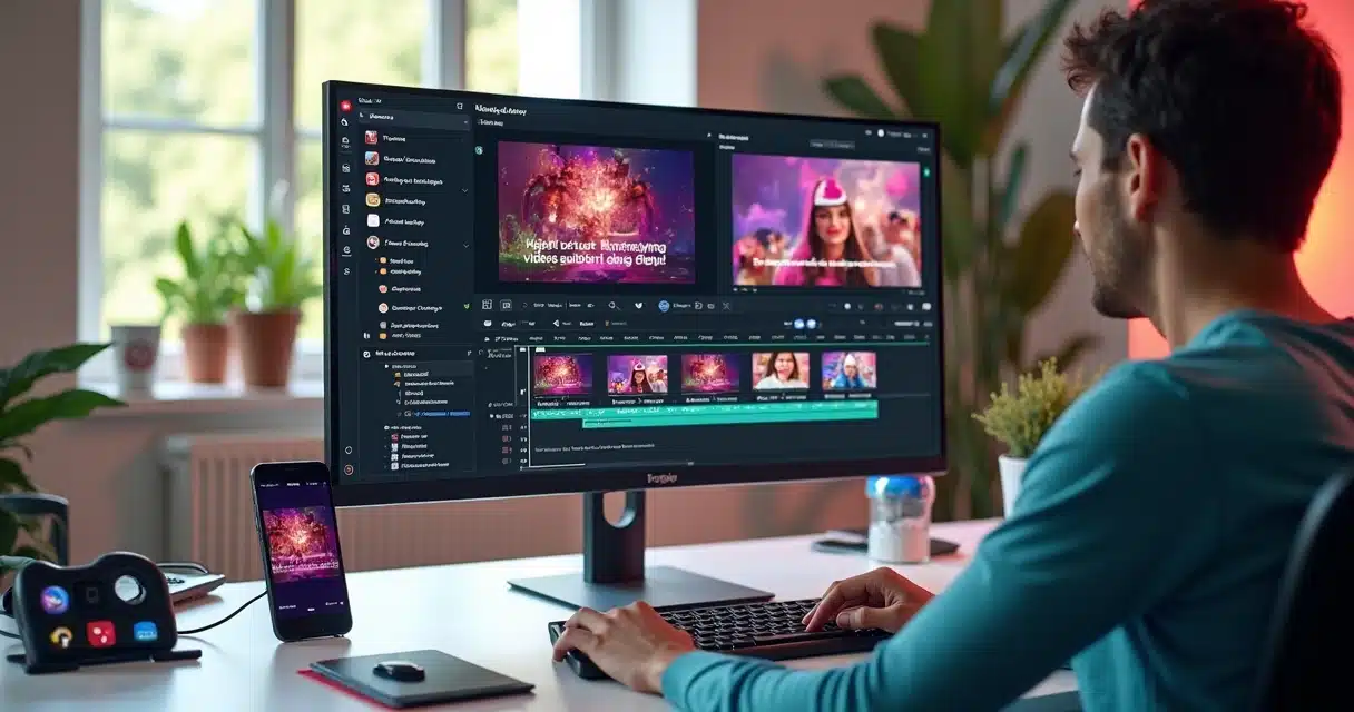 Criador de conteúdo usando computador para editar vídeo para TikTok com IA, mostrando interface moderna e colorida da plataforma de edição