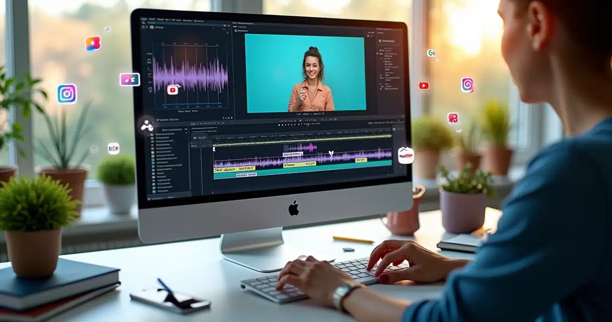 Criador de conteúdo editando clipe de podcast em computador com interface de IA visível na tela