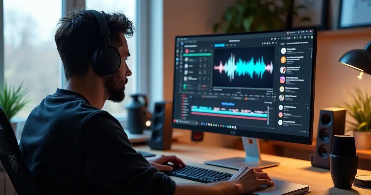 Criador moderno produzindo conteúdo para canal dark em computador com interface de inteligência artificial na tela