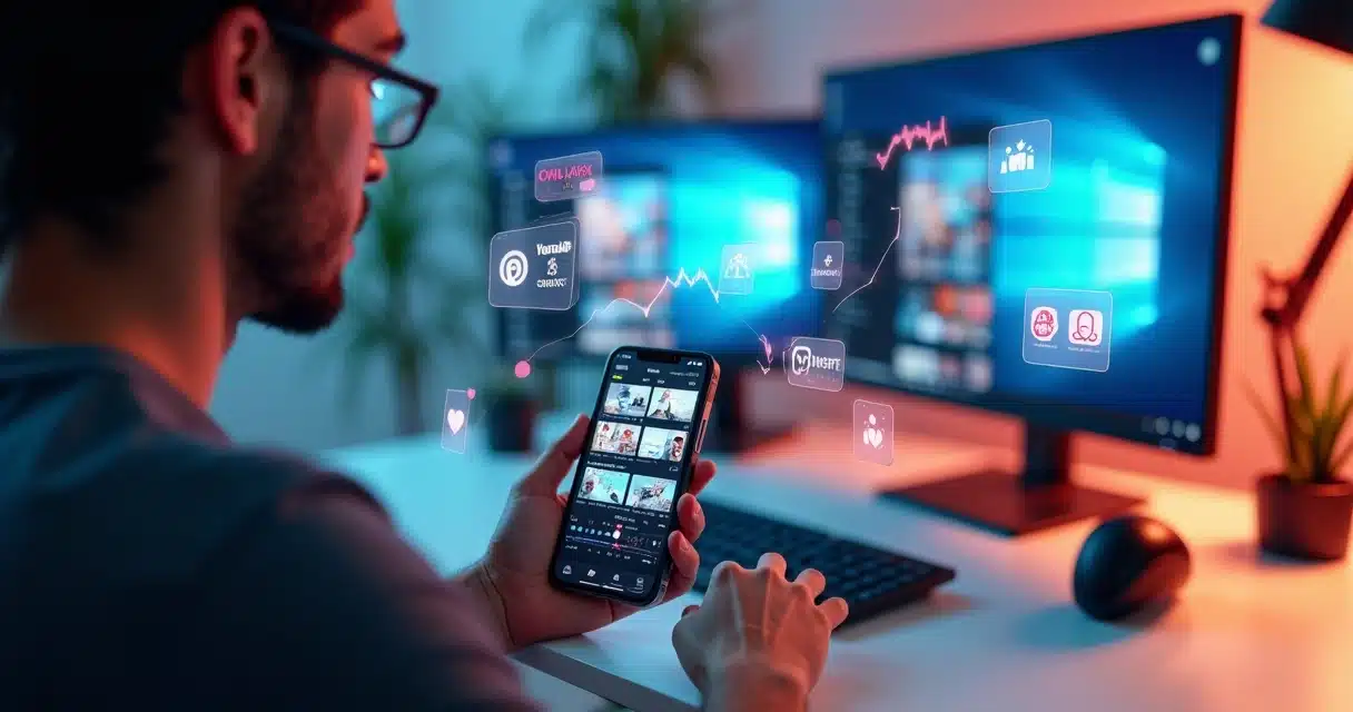 Criador de conteúdo usando smartphone para editar vídeos curtos para redes sociais no ambiente moderno com gráficos de engajamento ao fundo