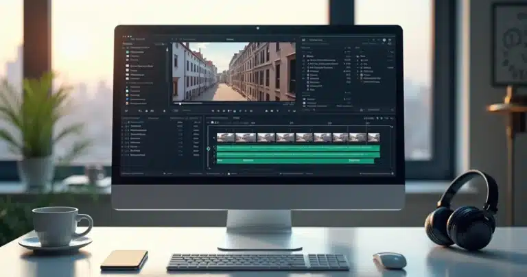 Tela de computador mostrando edição automática de vídeo com inteligência artificial, cortes precisos e geração de legendas