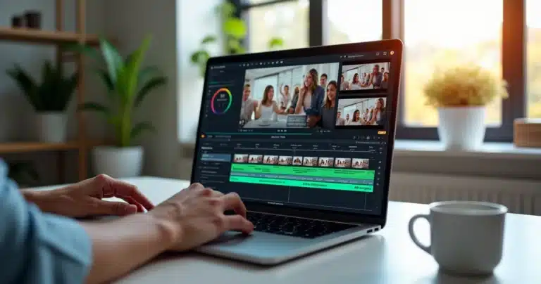 Pessoa editando vídeos em computador com interface de edição de vídeo inteligente com IA na tela