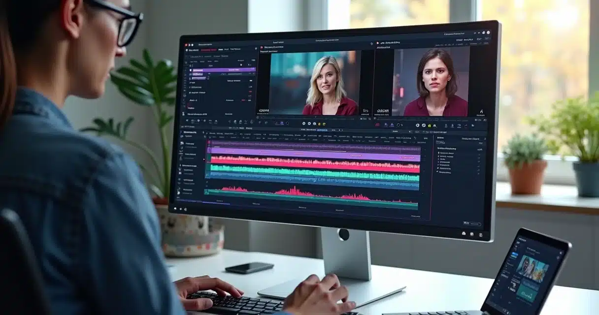 Interface de plataforma de edição de vídeo com sinais de cortes automáticos e timeline detalhada