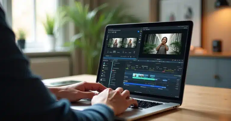 Pessoa editando vídeo online em laptop com interface de corte e legenda automática visível