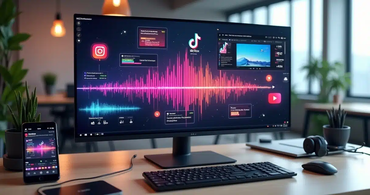 Tela de computador mostrando vídeos curtos em diferentes formatos para Instagram, TikTok e YouTube, com gráficos coloridos e ícones das redes sociais ao redor