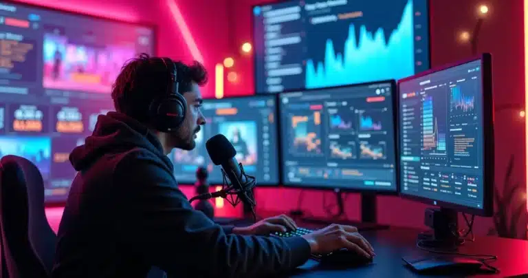 Streamer transmitindo ao vivo com equipamentos profissionais em fundo digital vibrante e gráficos de crescimento de audiência