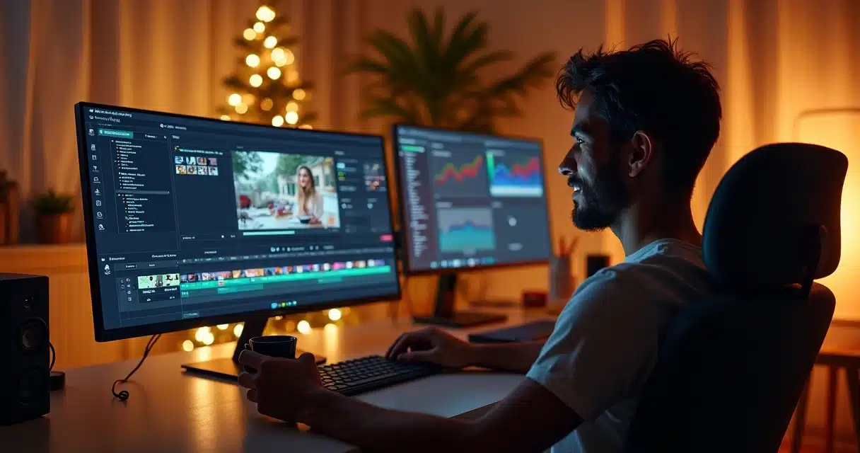 Criador de conteúdo agendando vários clipes de vídeo com IA antes do fim de ano