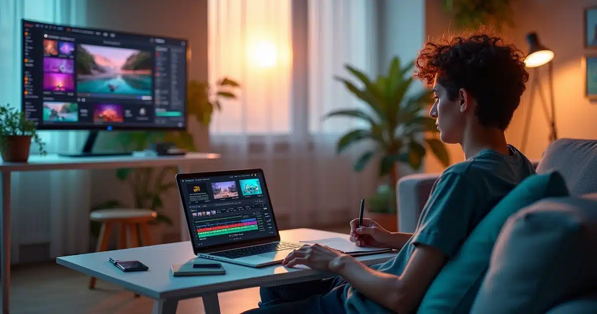 Criador de conteúdo relaxa em sofá enquanto computador edita vídeo com IA