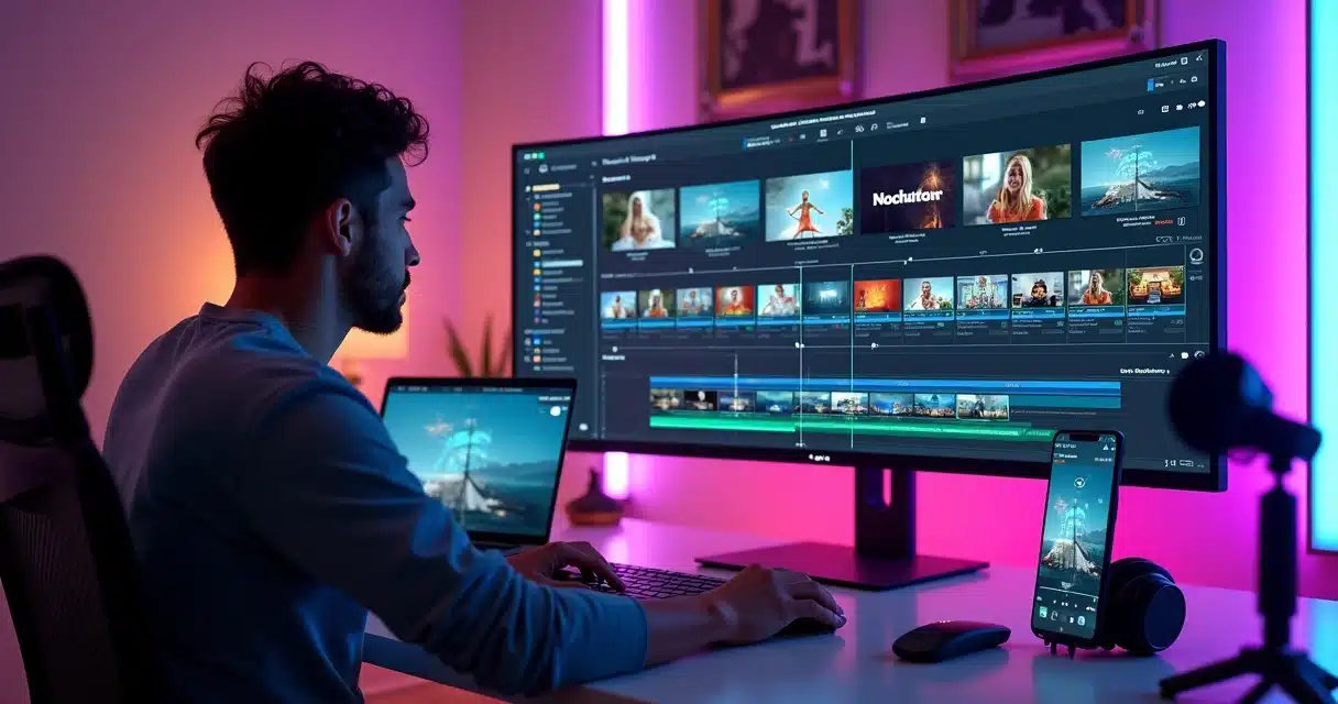 Criador de conteúdo usando IA para transformar vídeo longo em vários shorts nas redes sociais