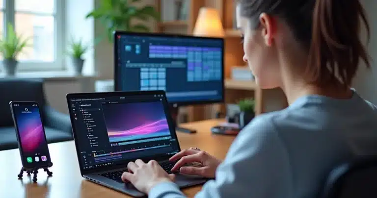 Criador de conteúdo usando notebook com ferramenta de edição de vídeos por IA