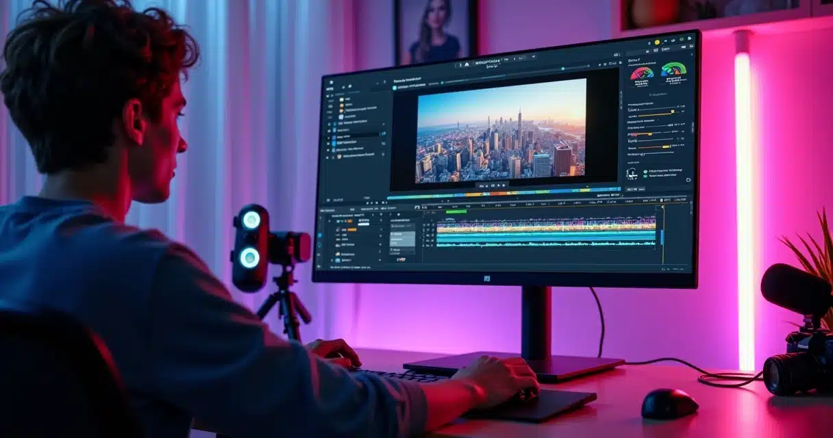 Criador digital editando vídeo no computador com interface de IA