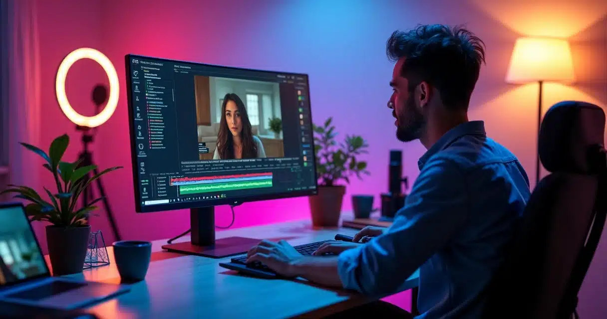 Criador de conteúdo editando vídeo com legendas automáticas em plataforma de IA