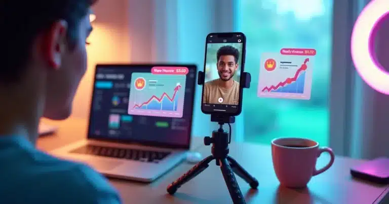 Criador de conteúdo grava vídeo vertical com ícones de Reels e TikTok e gráficos de vendas em alta