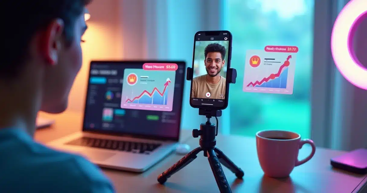 Criador de conteúdo grava vídeo vertical com ícones de Reels e TikTok e gráficos de vendas em alta