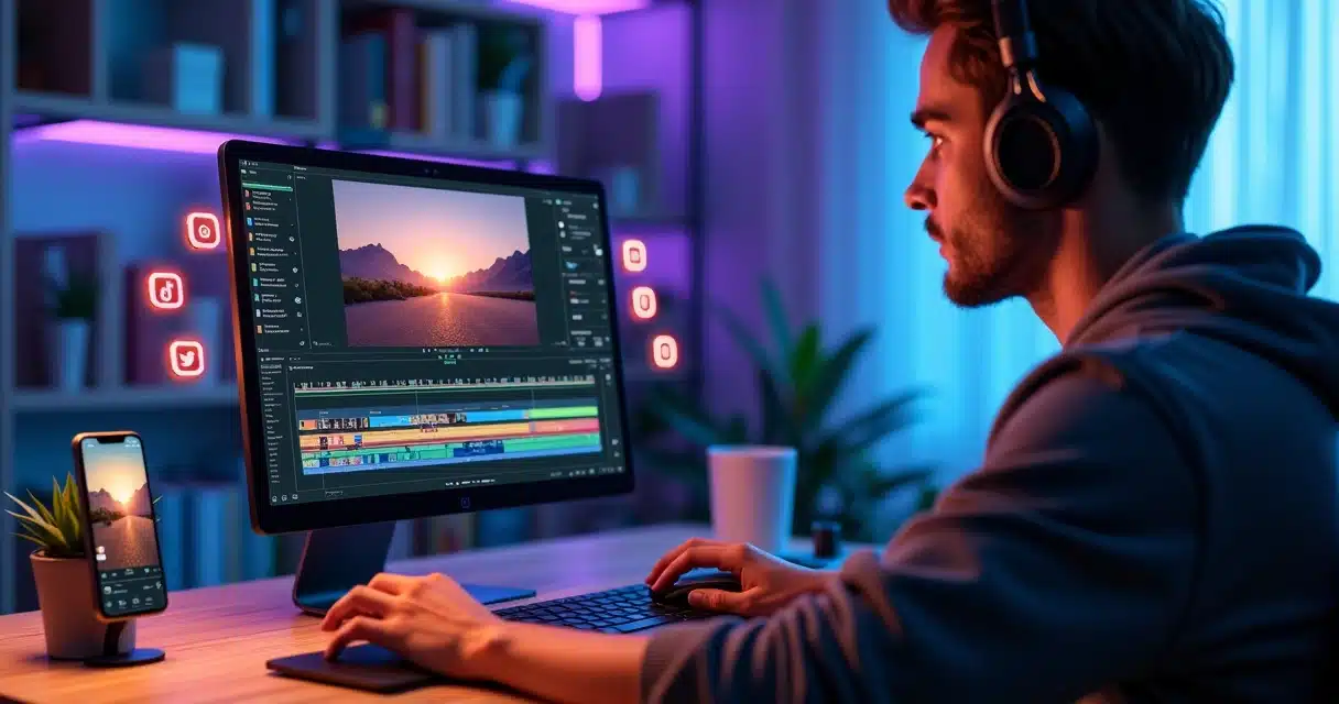 Criador de conteúdo solo editando vídeos curtos em várias redes sociais