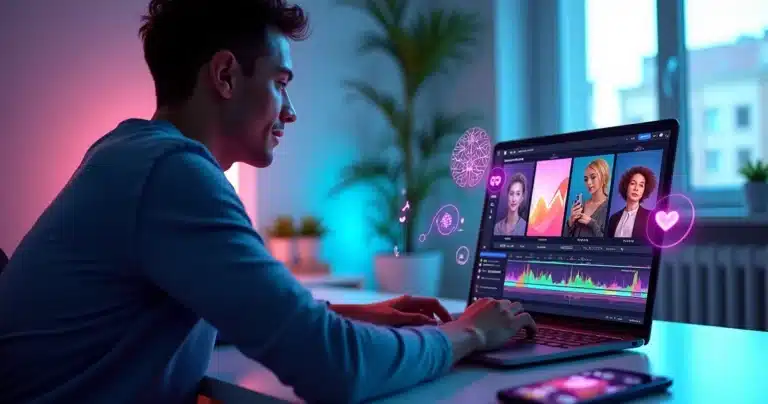 Criador de conteúdo editando vídeos curtos com IA para redes sociais em um notebook