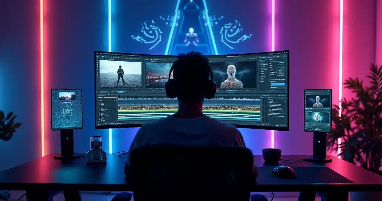 Editor de vídeo usando painel com recursos de IA na tela