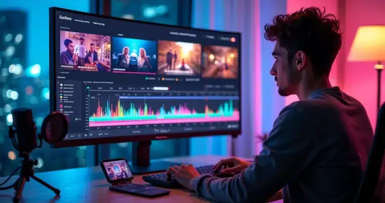 Criador de conteúdo editando vídeos curtos verticais com interface de IA e várias redes sociais na tela