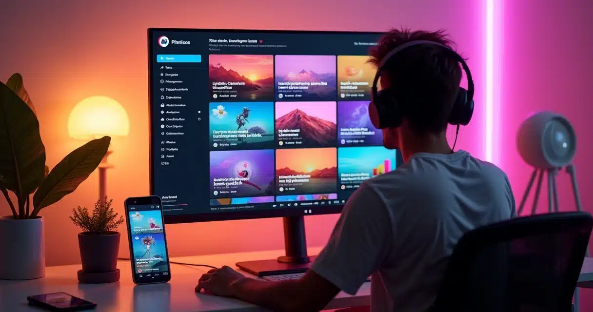 Criador assistindo tela com feed de vídeos curtos legendados em redes sociais