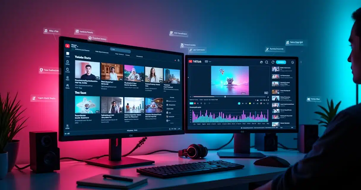 Tela de computador com canais dark de YouTube e TikTok sendo criados com IA
