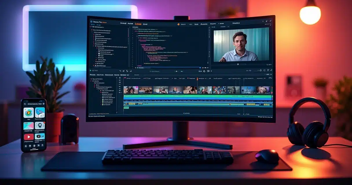 Tela de computador com interface de criação de vídeo por código e IA