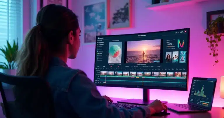 Criador de conteúdo editando cortes curtos de vídeos virais para redes sociais em tela de computador