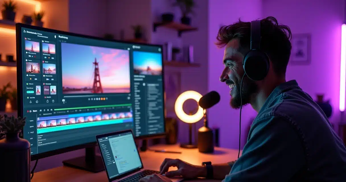 Criador de conteúdo transformando live longa em vários clipes curtos com IA no computador