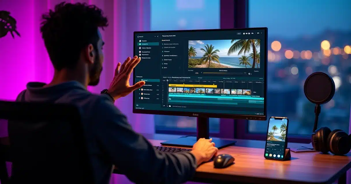 Criador de conteúdo usando plataforma de IA para cortes de vídeo na tela do computador