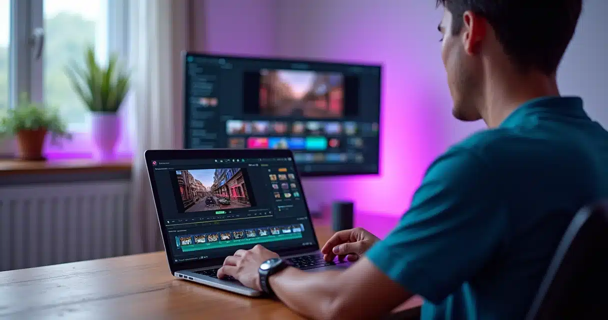 Criador de conteúdo editando vídeo curto com IA em notebook