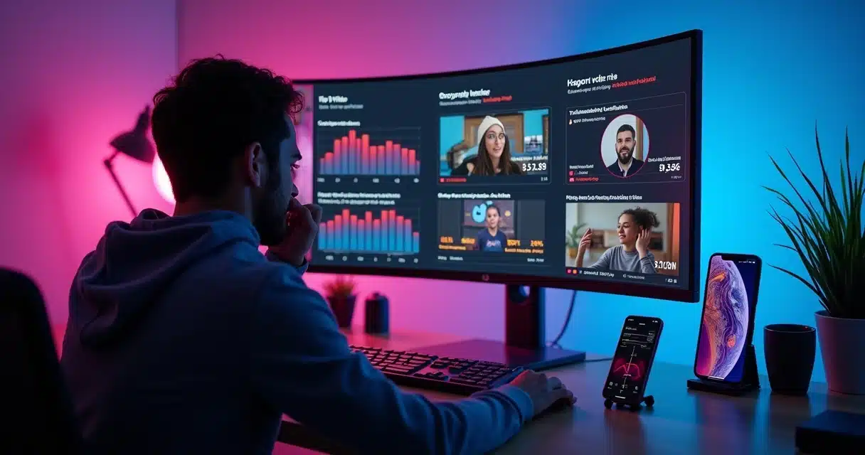 Criador de conteúdo analisando métricas de vídeos curtos em várias redes sociais