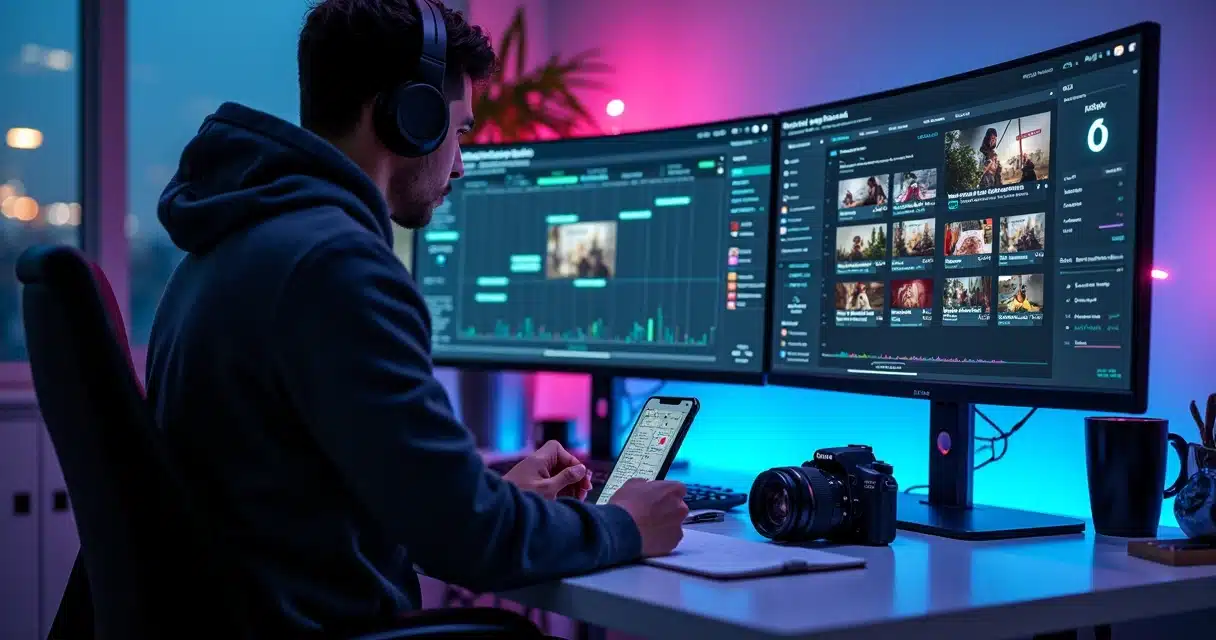 Criador de conteúdo planejando 30 vídeos semanais com painel de IA e redes sociais na tela