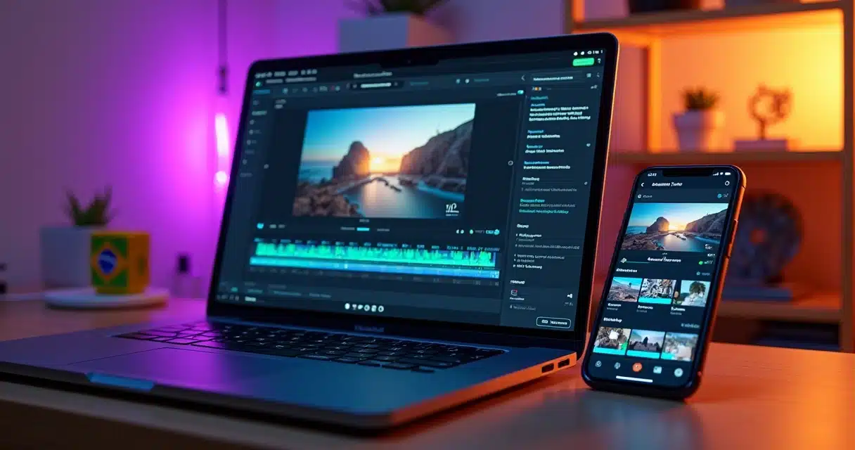 Criador de conteúdo editando vídeo curto com app de cortes em laptop e celular