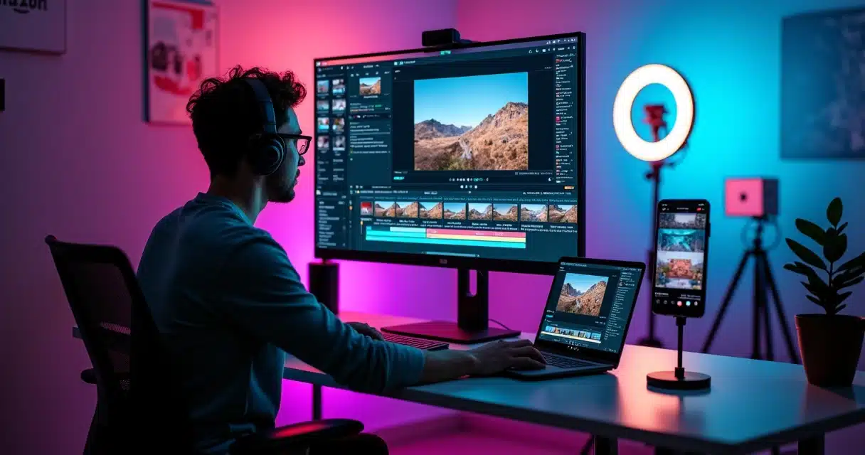 Criador de conteúdo usando ferramenta de IA para gerar cortes automáticos para Reels e TikTok