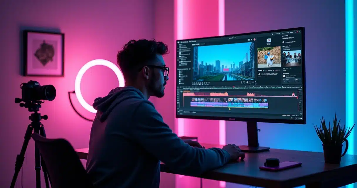 Criador de conteúdo brasileiro usando plataforma de IA para cortes automáticos de vídeo