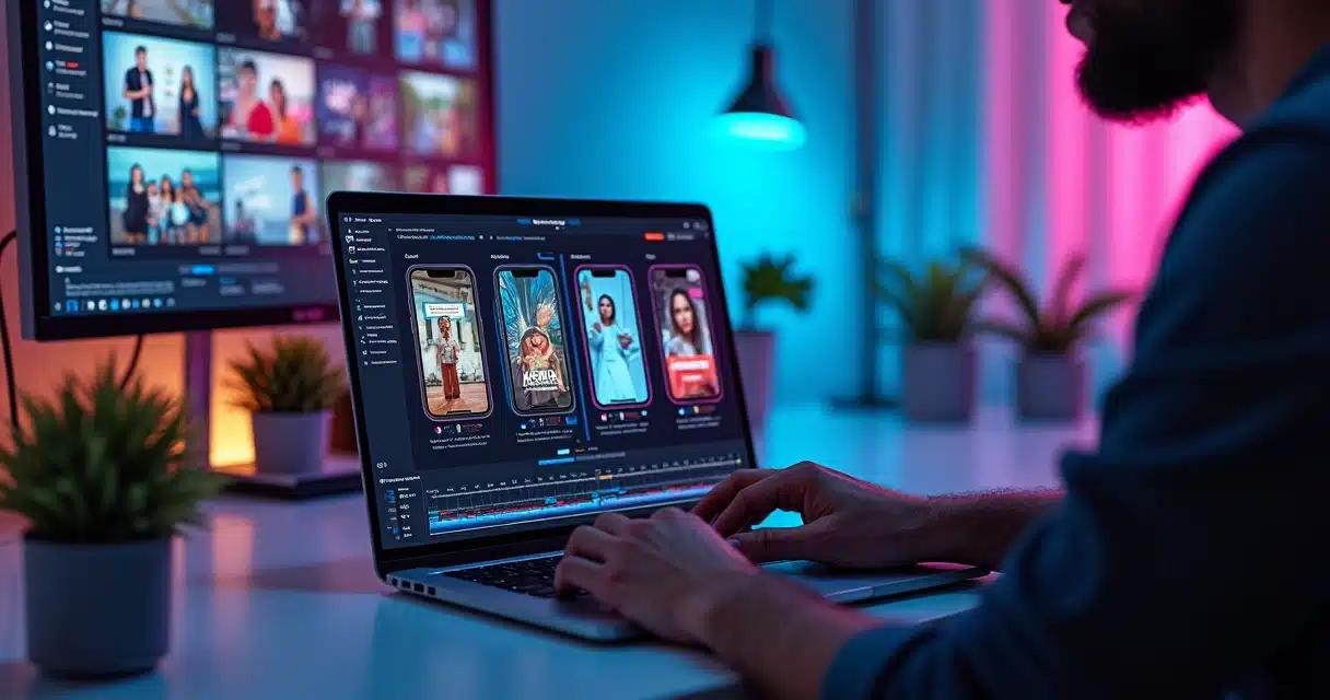 Criador de conteúdo editando cortes virais otimizados para redes sociais em um notebook