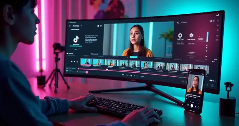 Criador de conteúdo editando vídeo para cortes virais do TikTok com painel de IA na tela